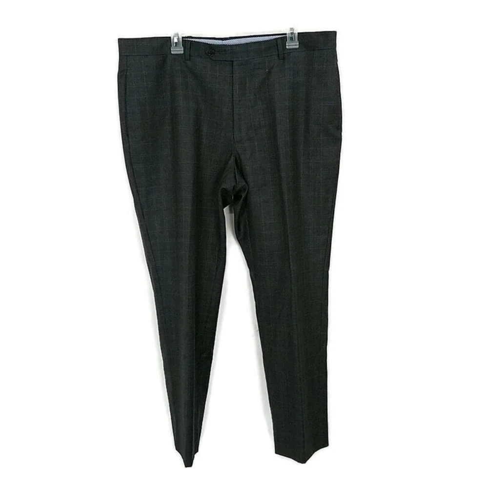 Tommy Hilfiger Dress Pants Men 38x30 Grey Glen Plaid 100% Wool Flat Front